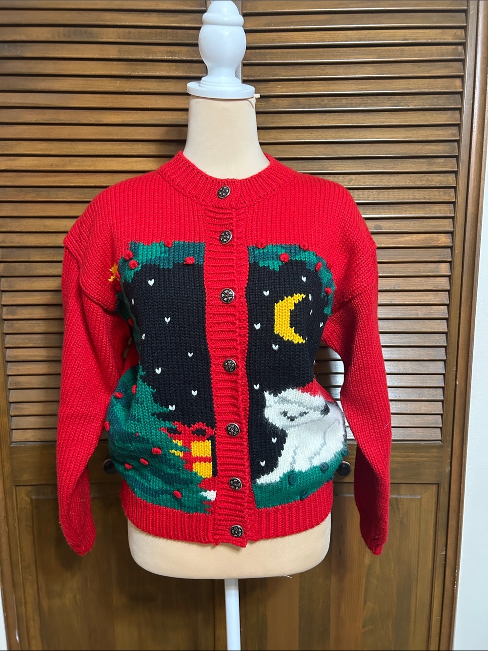 Karen Scott Petite Red Christmas Knit Cardigan with Holiday Scene Size PM